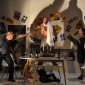 <p>Mark Le Brocq (Biedermann), Matthew Hargreaves (Eisenring, Raphaela Papadakis (Anna), Leigh Melrose (Schmitz), Alinka Kozari (Babette), <em>Biedermann and the Arsonists</em>, photography Robbie Jack</p>